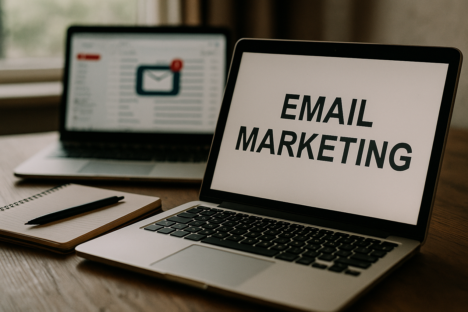 Laptop z napisem email marketing na ekranie, obok notatnik i długopis na drewnianym biurku, w tle rozmyta skrzynka odbiorcza Gmail – naturalne światło.