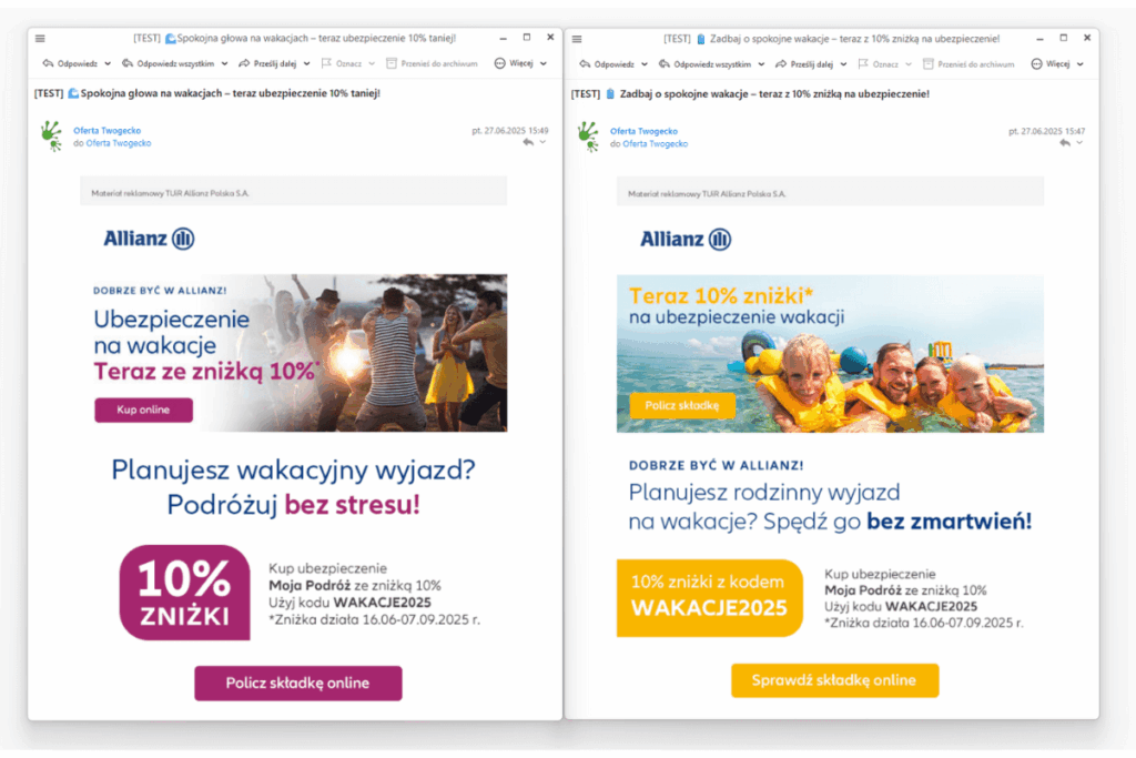 Test A/B w kampanii e-mail Allianz – przykład wykorzystania kreacji. Co to marketing automation w e-commerce?