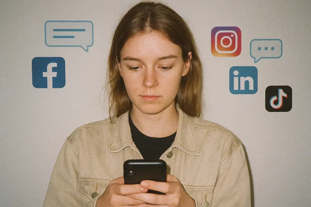 Kobieta korzystająca ze smartfona, otoczona ikonami Facebook, Instagram, LinkedIn i TikTok – ilustracja doboru kanałów komunikacji w mediach społecznościowych.