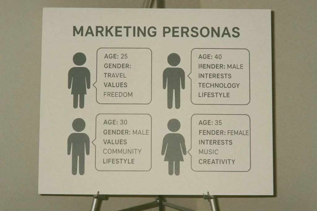 Plansza biznesowa z przykładowymi personami marketingowymi – wiek, płeć, zainteresowania i wartości jako element kampanii wizerunkowych.